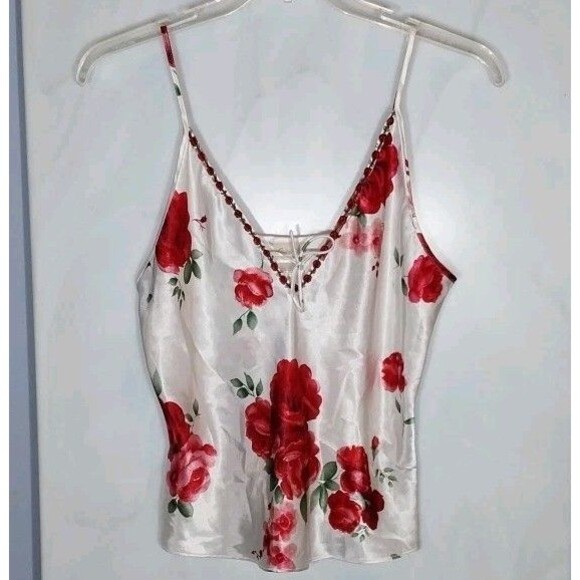Secret Treasures Tops - White Satin Cami L Red Rose Floral Front Tie Lingerie Style Fairycore Y2K